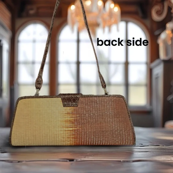 Le SAC Handmade Straw Dark Chocolate And Cream Ombre Handbag Detachable Strape - Picture 4 of 10